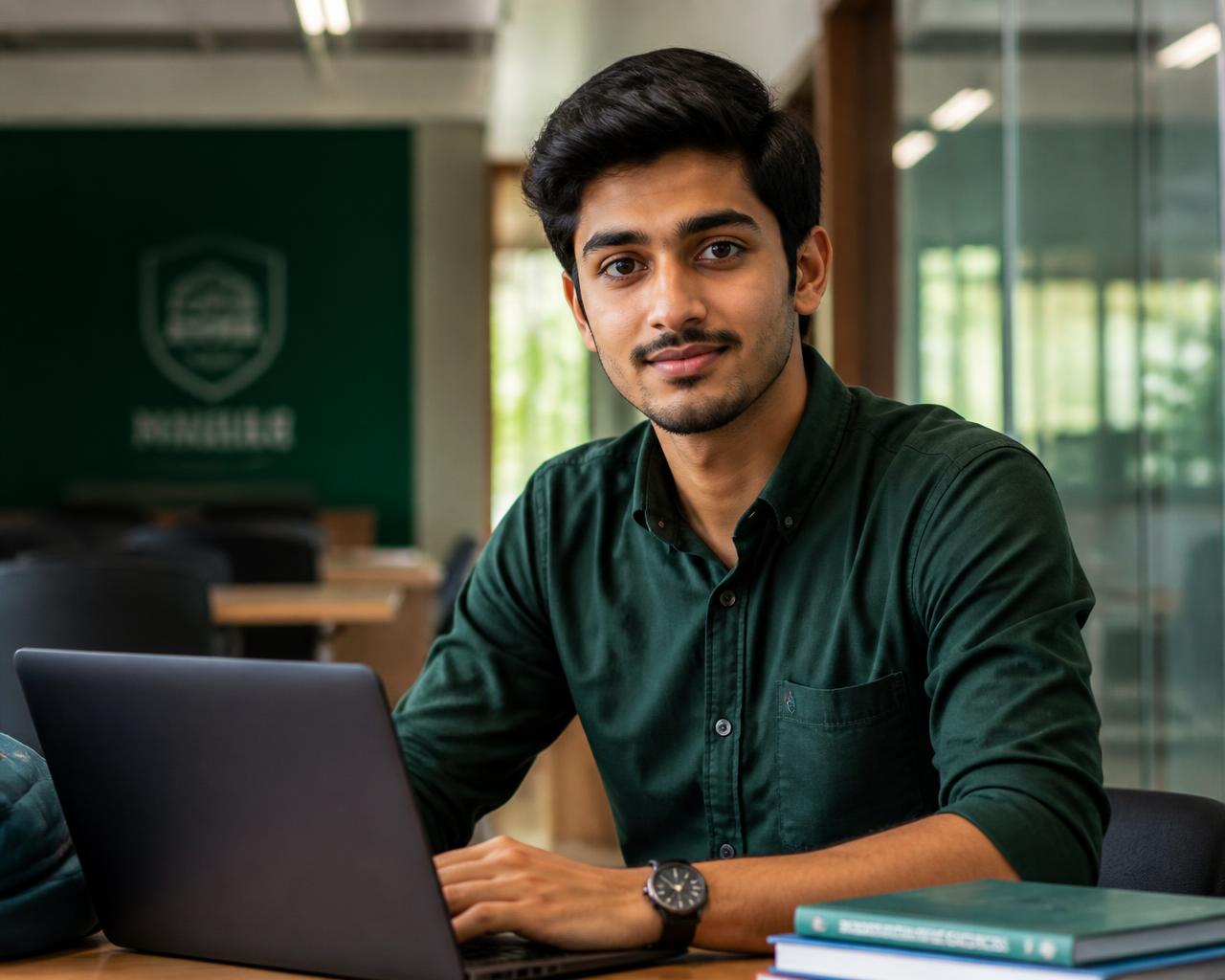 A Pakistani student in her late teens smiling while studying digital marketing on a laptop at a DST training centre